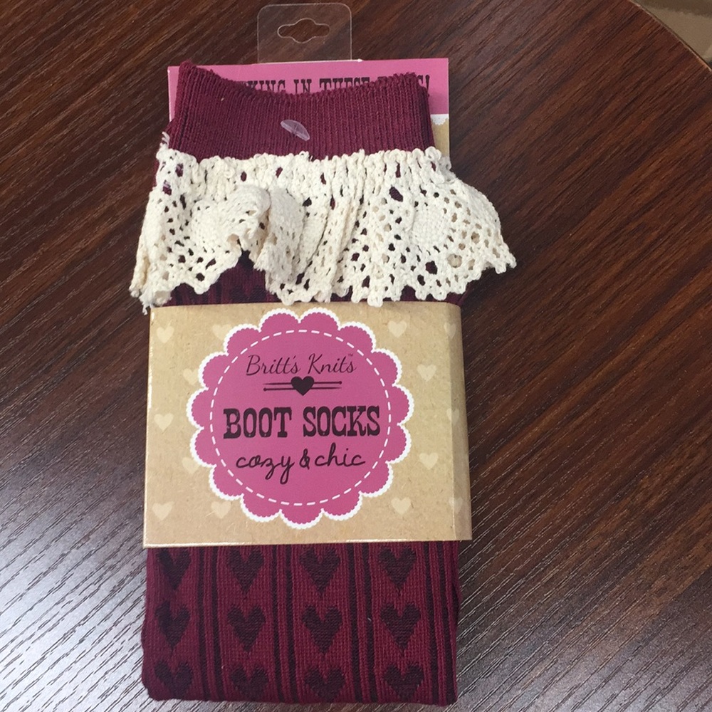 New Burgundy Heart Lace Trim Boot Socks